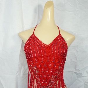 Women Red Sequin Fringed Lined Halter Top New